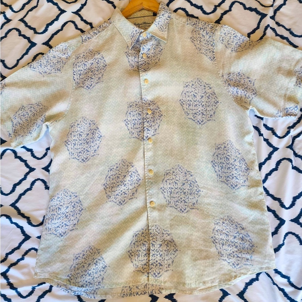 Indigo Palms White Print Short Sleeve Button Down Shirt Men’s Size XL